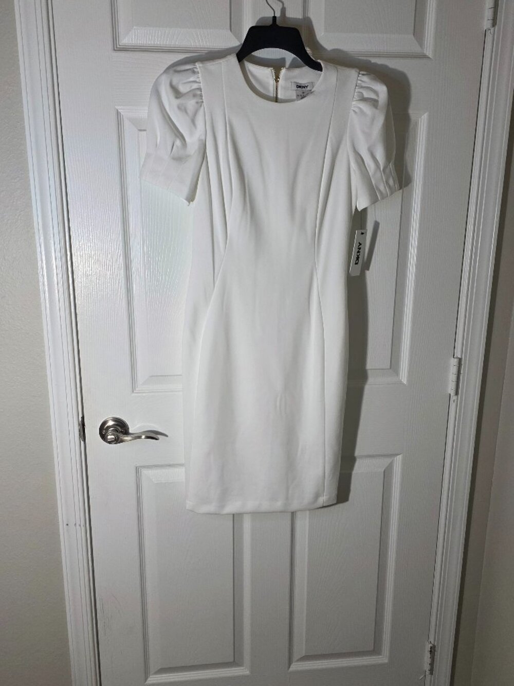 DKNY White cream Puff Sleeve Sheath Dress Exposed Gold Zipper